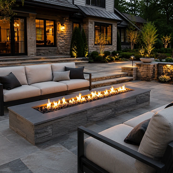 AM Developers LLC built a modern linear gas fire pit in Rockville, MD, with black lava rock, stone fire feature, lounge seating, large-format pavers, raised planters, and warm landscape lighting.