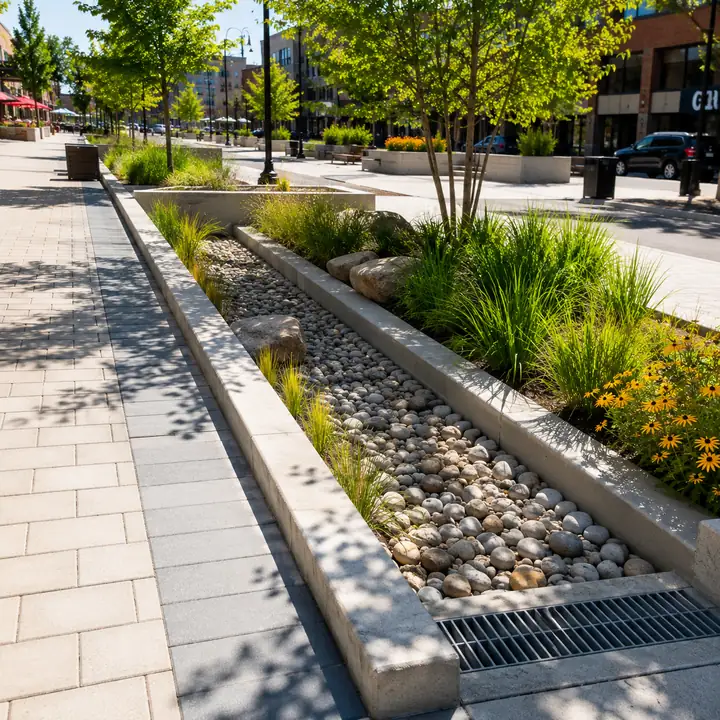 AM Developers LLC built a masonry bioswale with a stone-lined infiltration channel, rock apron, drop inlet, and planted bioretention