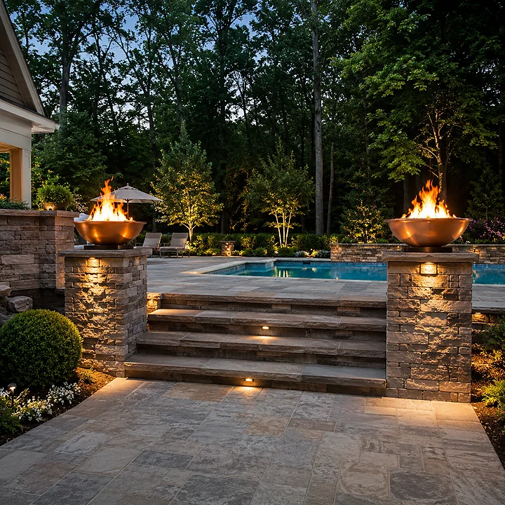 AM Developers LLC built masonry pillars with integrated fire bowls in Waldorf, MD, featuring stacked stone columns, gas flames, grand entry steps, pool terrace, and elegant landscape lighting.