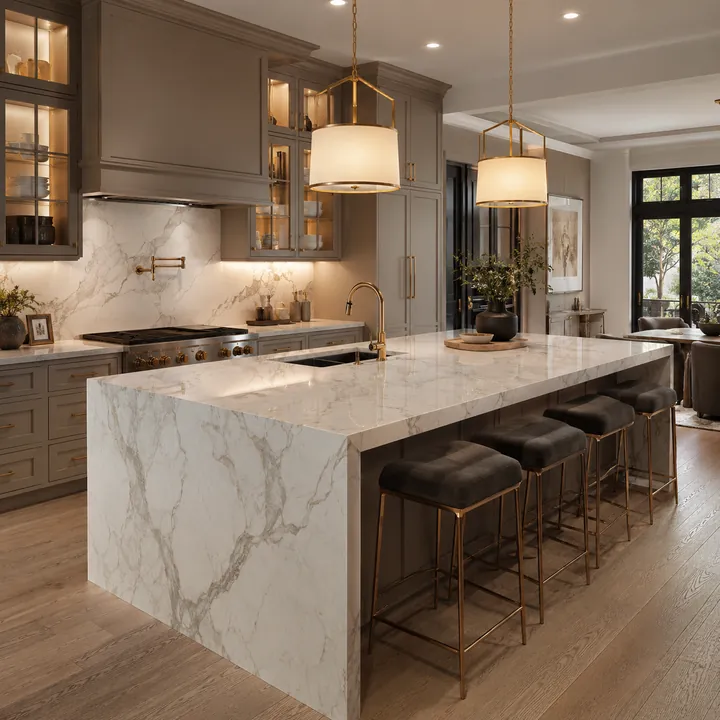 AM Developers LLC crafted a mitered waterfall island with 45-degree stone edges, seamless marble panels, and luxury bar seating in Washington, DC