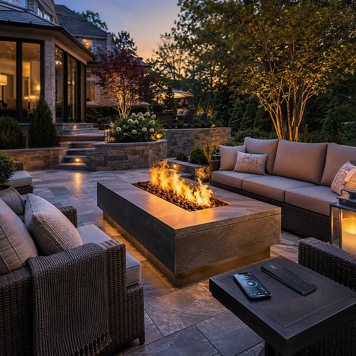 AM Developers LLC built a smart-ignition fire table in Silver Spring, MD, with linear gas flames, lava rock, lounge seating, stone pavers, raised planters, and landscape lighting throughout.