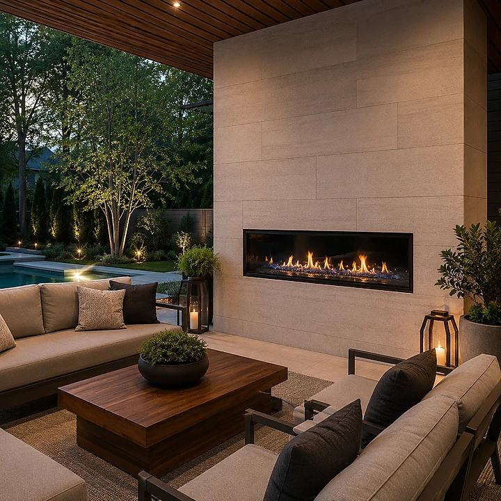 AM Developers LLC built a modern in-wall gas fireplace in Bethesda, MD, with a recessed linear firebox, covered lounge, wood-look ceiling, pool views, and architectural feature wall.