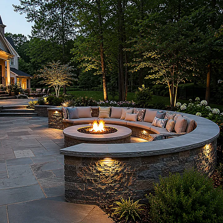 AM Developers LLC built this curved stone fire pit with wraparound seating in Upper Marlboro, MD for luxury outdoor living.