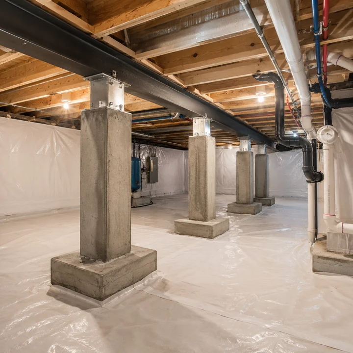AM Developers LLC installed monolithic foundation piers with concrete footings, steel I-beams, support posts, and basement reinforcement
