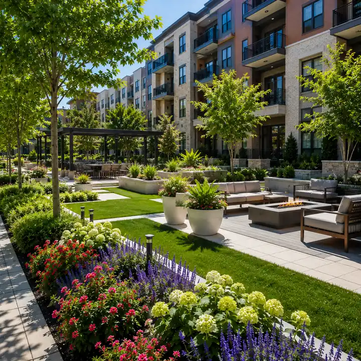 AM Developers LLC built luxury apartment amenity landscaping with flowering beds, shade trees, raised planters, and a resort-style courtyard