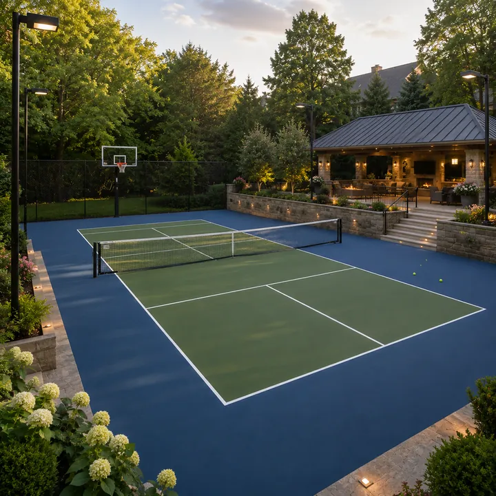 AM Developers LLC built a cushioned pickleball court with acrylic surfacing, regulation lines, a tensioned net, and LED court lighting