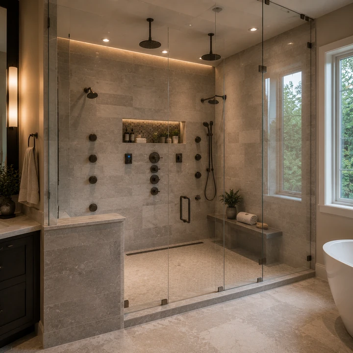 AM Developers LLC built a multi-port hydrotherapy shower with dual rainfall heads, body sprays, handheld wand, and frameless glass