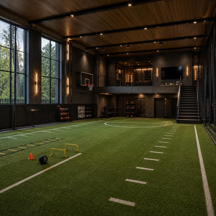 AM Developers LLC built a multi-sport turf play zone with reinforced synthetic turf, agility markings, ball netting, and a basketball hoop