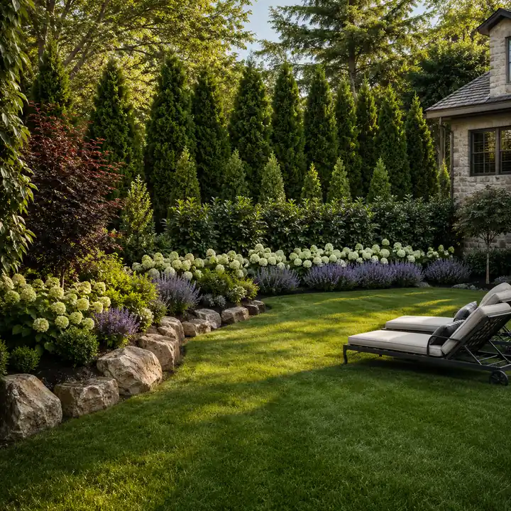 AM Developers LLC installed multi-tiered security screening with evergreen trees, flowering hedges, stone edging, and a manicured lawn