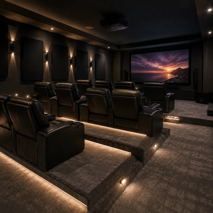 AM Developers LLC built carpeted theater risers with integrated LED step lighting, luxury theater seating, and home cinema platforms in Aquasco, MD