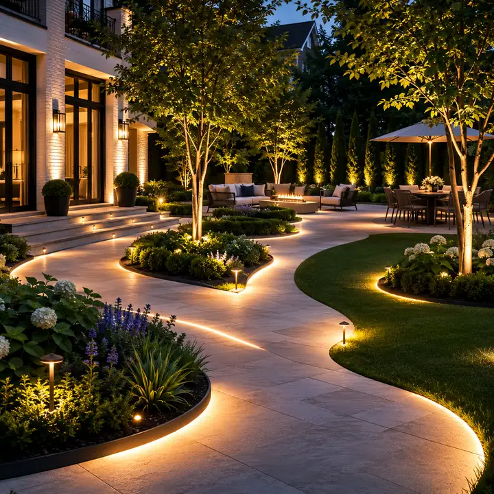 AM Developers LLC created multi-zone outdoor lighting with LED path lights, tree uplighting, patio lighting, and illuminated garden beds