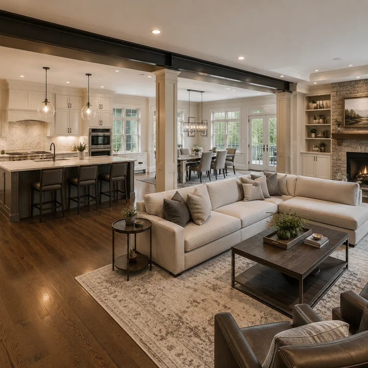 AM Developers LLC created an open-concept living zone with steel beam framing, hardwood flooring, custom cabinetry, and natural light in Leesburg, VA