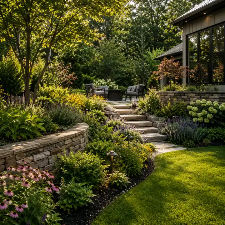 AM Developers LLC created a native botanical landscape with perennial gardens, stone walls, natural steps, and a shaded outdoor retreat