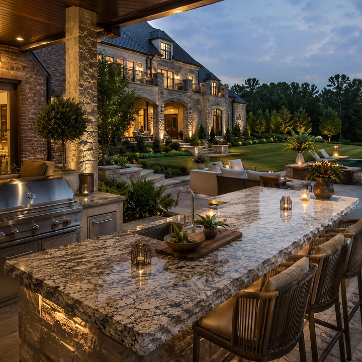 AM Developers LLC built natural quartzite and granite outdoor countertops with a stone masonry grill island, bar seating, and stainless grill for a covered Leesburg VA patio kitchen.