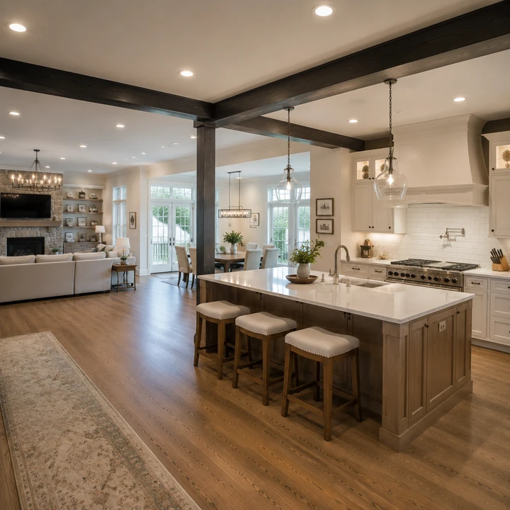AM Developers LLC created an open-concept kitchen with steel beam supports, a quartz island, custom cabinetry, and connected living zones