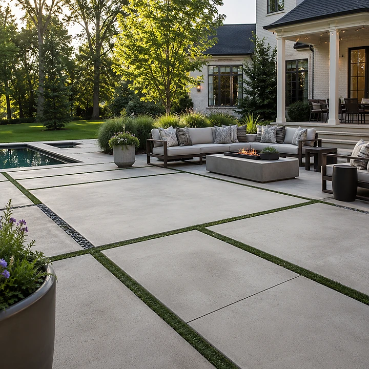 AM Developers LLC built an oversized architectural concrete slab patio in Gaithersburg, MD, with grass joints, river rock accents, poolside seating, fire feature, terrace steps, and modern hardscape.