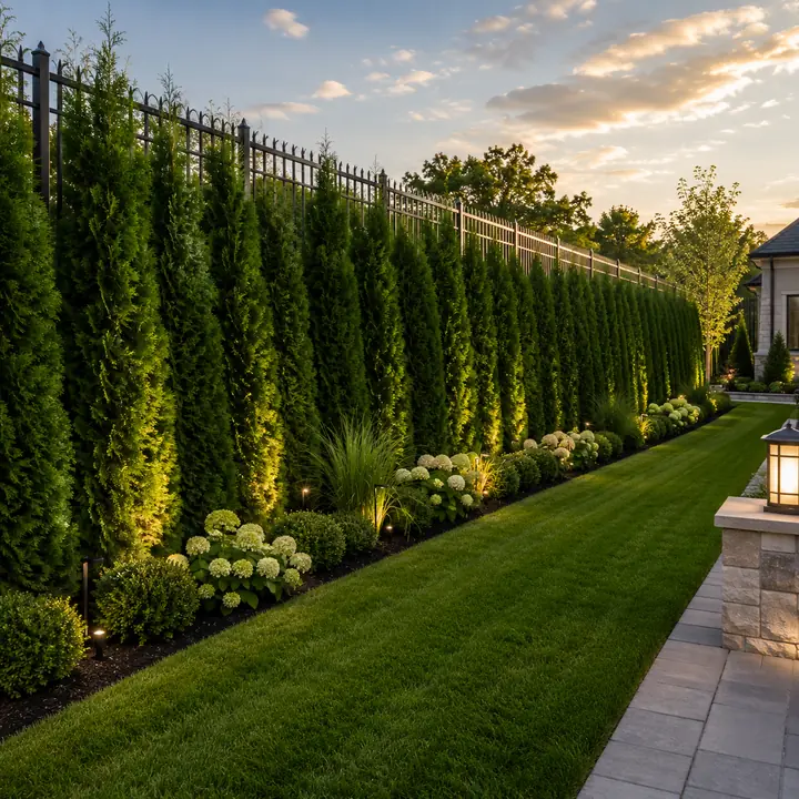 AM Developers LLC installed perimeter safety hedges with mature arborvitae, layered shrubs, landscape lighting, and a manicured lawn