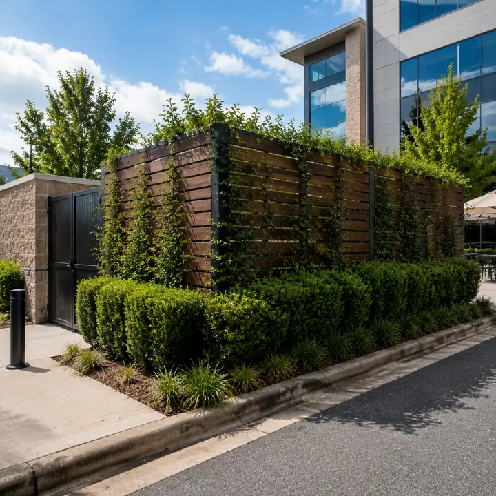 AM Developers LLC installed perimeter screening enclosures with timber privacy walls, climbing ivy, evergreen shrubs, and landscape buffers in Chantilly VA