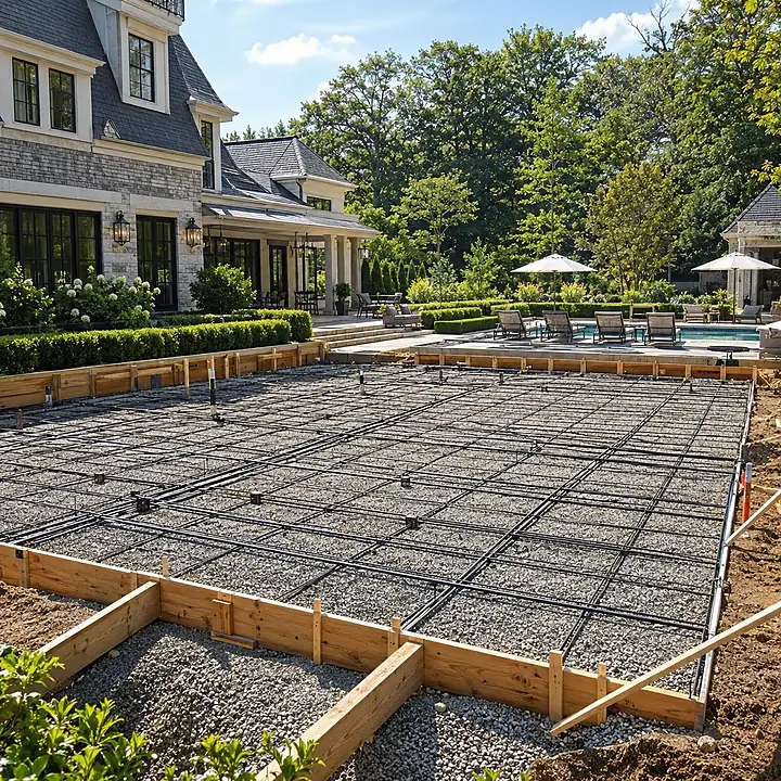 AM Developers LLC prepared a post-tension concrete slab in Washington, DC, with wood forms, gravel base, reinforcement grid, and foundation support