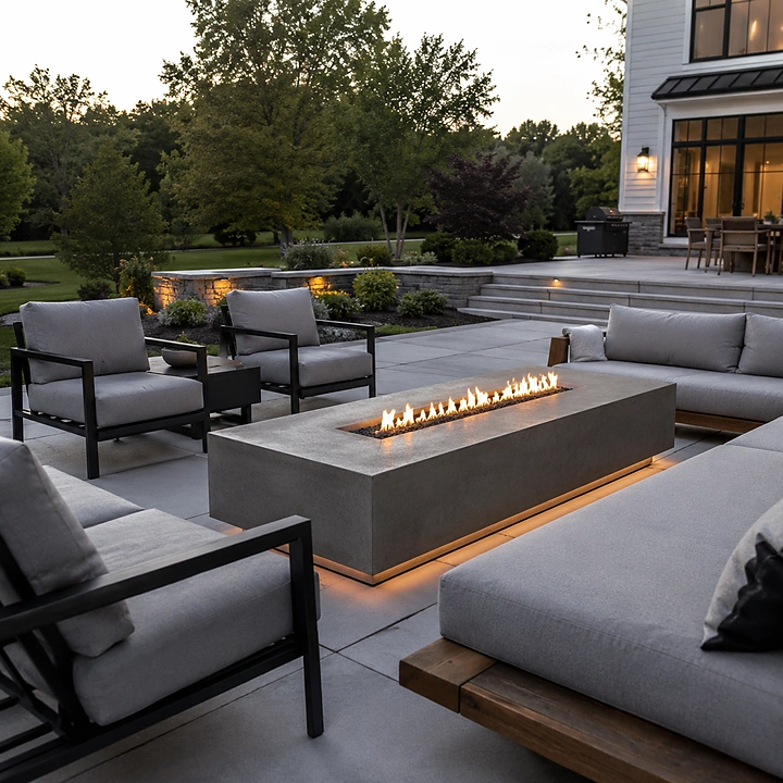 AM Developers LLC built a poured-in-place concrete fire table in Gaithersburg, MD, with black lava rock, lounge seating, stone pavers, raised planters, step lighting, and outdoor gathering space.