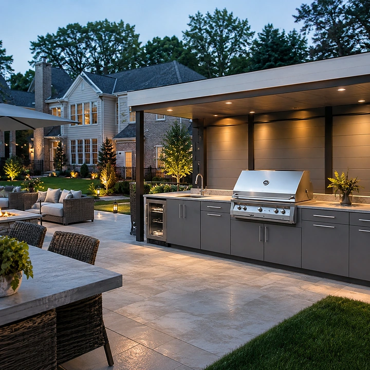 AM Developers LLC built a modern outdoor kitchen in Gaithersburg, MD, with powder-coated aluminum cabinetry, HDPE storage, stainless grill, sink, cooler, and covered patio layout.