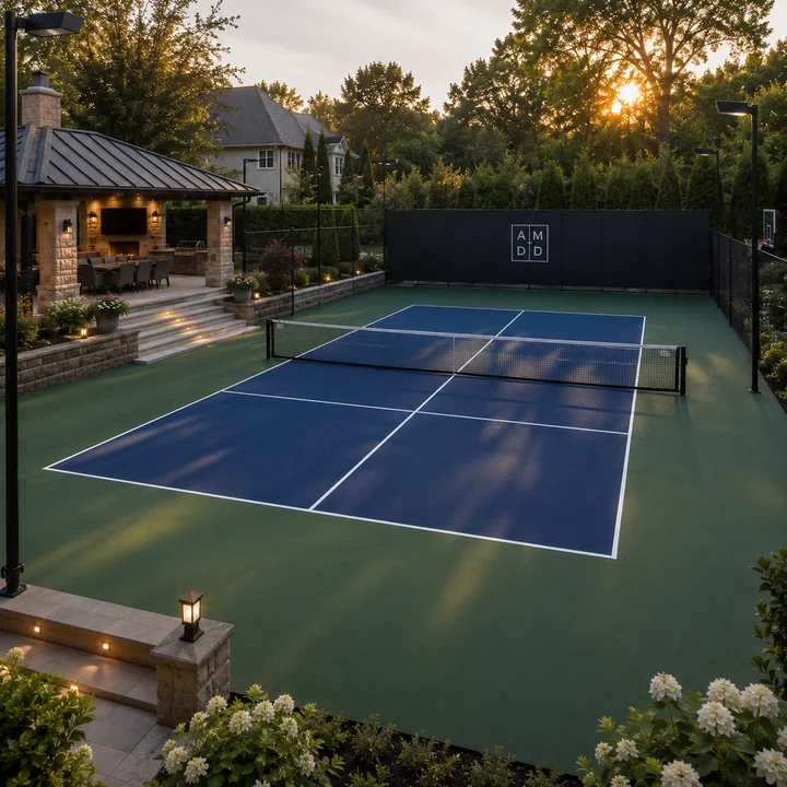 AM Developers LLC built a non-slip sports court with textured acrylic surfacing, silica-sand traction, and crisp line striping in Bethesda, MD