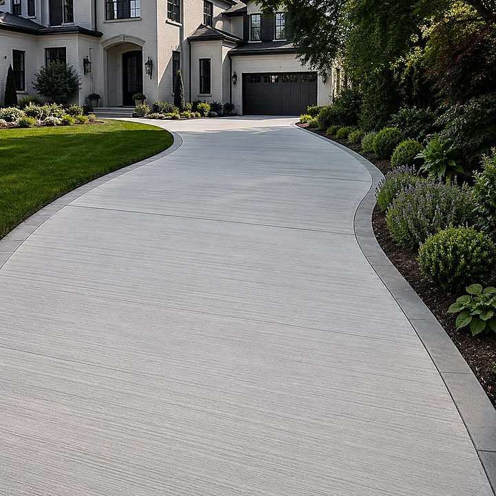 AM Developers LLC, Designed and developed by AM Developers LLC, completed a premium architectural broom finish driveway with tooled borders for a luxury-residential property on Suitland Rd SE in Washington, DC. The concrete driveway has a curved layout leading from the frontyard toward the attached garage and formal entry, with a light gray broom texture across the main surface for slip resistant daily vehicle access. Smooth tooled concrete borders frame both sides of the driveway, forming a picture frame concrete border that follows the curves beside the lawn, planting beds, shrubs, lavender-colored flowering plants, and mature trees. The surface includes crisp control joints, clean line concrete border work, and a modern hand finished concrete appearance that complements the home’s pale brick exterior, black-trimmed windows, arched entry, exterior wall lanterns, and dark garage door. This completed residential concrete driveway highlights architectural broom concrete, a premium concrete surface finish, hand tooled concrete border detailing, durable concrete driveway performance, and weather resistant concrete finish quality. AM Developers LLC delivered refined concrete flatwork craftsmanship with smooth edges, balanced texture, and an elegant driveway approach suited for a Washington, DC frontyard where the hardscape guides vehicles while preserving polished curb appeal and landscape definition.