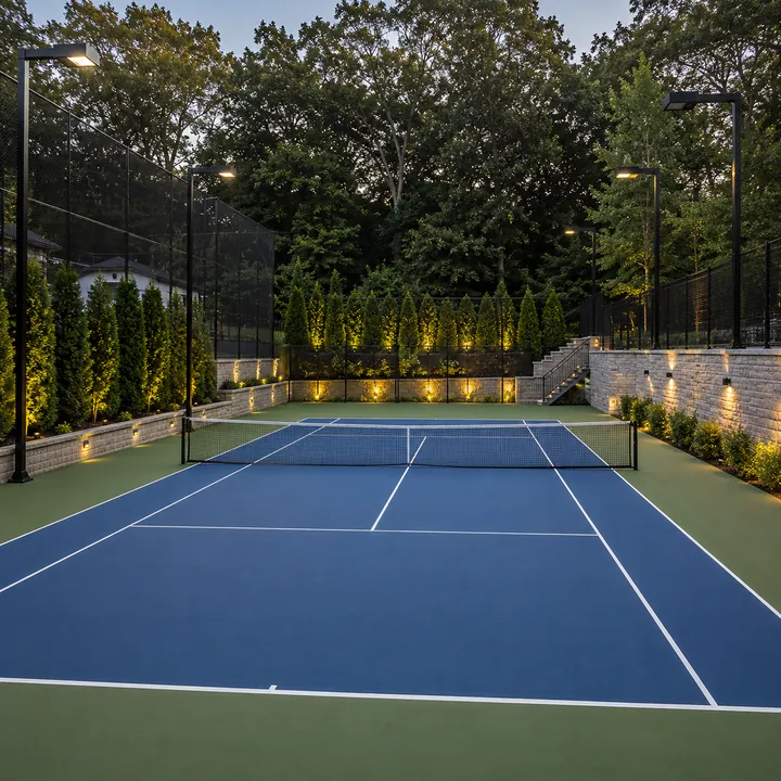 AM Developers LLC built a full-size tennis court with acrylic surfacing, regulation line striping, court fencing, and LED lighting