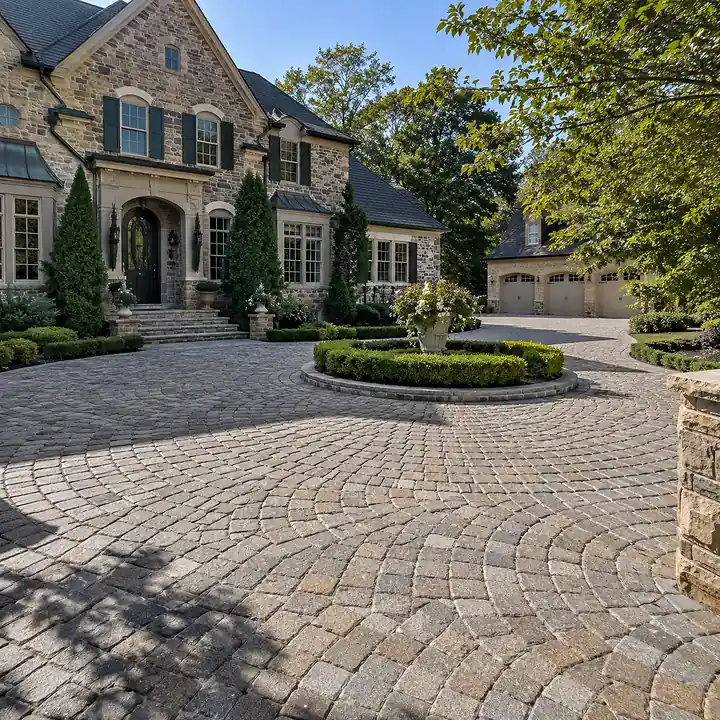 AM Developers LLC, Designed and developed by AM Developers LLC completed this luxury residential Radial & Fan-Pattern Masonry Aprons project in Great Falls, Virginia, featuring an expansive circular driveway constructed with precision-installed stone pavers arranged in elegant radial and fan-shaped masonry patterns surrounding a landscaped center island. The driveway incorporates carefully aligned curved stone courses, decorative border accents, reinforced edge restraints, and engineered aggregate base preparation to provide exceptional structural stability and long-term residential vehicle performance. A luxury stone residence, professionally manicured hedges, ornamental shrubs, mature hardwood trees, decorative planters, and precision landscape maintenance frame the motor court while complementing the timeless masonry craftsmanship. The circular driveway design enhances traffic flow and creates a refined estate entrance that blends architectural balance with premium hardscape engineering. This custom installation combines radial stone paving, circular motor court construction, precision masonry detailing, reinforced foundation preparation, decorative fan-pattern stonework, and expert residential craftsmanship to deliver exceptional curb appeal, durable driveway performance, elegant estate character, and a distinguished arrival experience built for lasting beauty and functionality.