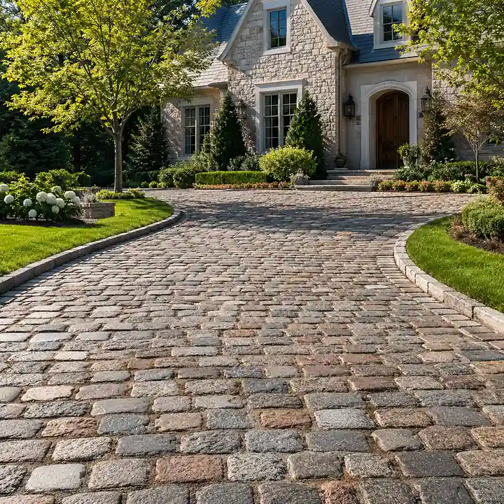 AM Developers LLC, Designed and developed by AM Developers LLC completed this luxury residential Reclaimed Antique Cobblestone Driveways project in Aldie, Virginia, featuring a beautifully hand-laid antique granite cobblestone driveway that curves gracefully toward an elegant stone residence surrounded by professionally maintained landscaping. The driveway showcases authentic reclaimed granite setts with natural color variation, precision joint alignment, premium stone edging, and a durable paving surface designed for long-term residential performance. Carefully manicured lawns, ornamental trees, flowering shrubs, structured planting beds, and mature landscape features complement the historic character of the reclaimed cobblestones while enhancing the property's sophisticated entrance. The custom driveway layout follows the natural approach to the home, creating a welcoming arrival experience that balances traditional European stone craftsmanship with modern residential engineering. This luxury driveway installation combines reclaimed stone paving, estate masonry construction, durable foundation preparation, expert grading, and premium hardscape detailing to deliver exceptional curb appeal, timeless architectural character, and a refined residential entrance built to withstand years of daily vehicle traffic while preserving the authentic beauty of antique cobblestone materials.