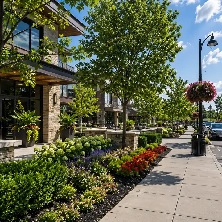 AM Developers LLC built luxury commercial plaza softscaping with shade trees, flowering beds, stone planters, and pedestrian walkways in Rockville