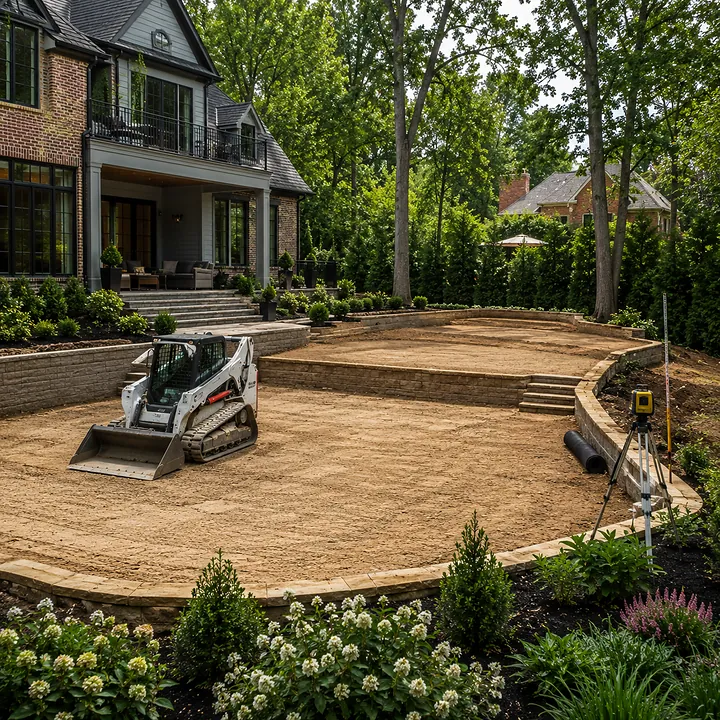 AM Developers LLC finished rough grading in Washington, DC, with site leveling, compacted subgrade, track loader work, retaining walls, and drainage prep