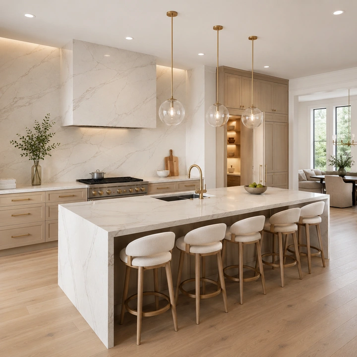 AM Developers LLC installed a seamless full-slab quartz backsplash, ceiling-height wall cladding, waterfall island, and cabinetry in Washington, DC