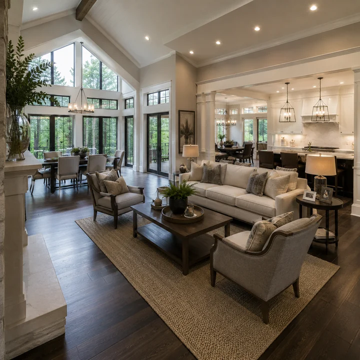 AM Developers LLC built a seamless ground-up home addition with vaulted ceilings, open-plan living, hardwood floors, and expansive glazing