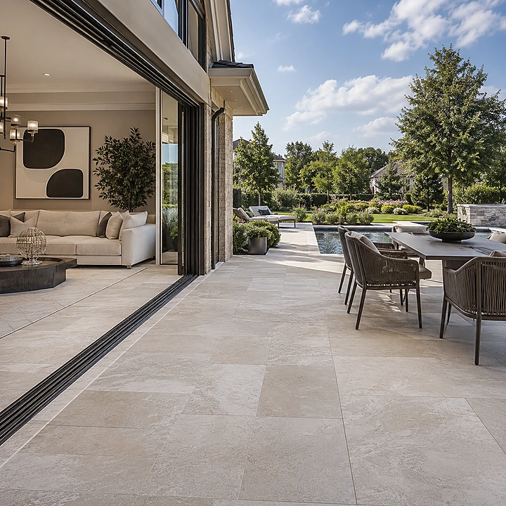 AM Developers LLC built an intricate pattern inlay paver patio in Boyds, MD, with French pattern, herringbone, and chevron layouts, framed borders, fire lounge, pool terrace, and pavilion seat area.