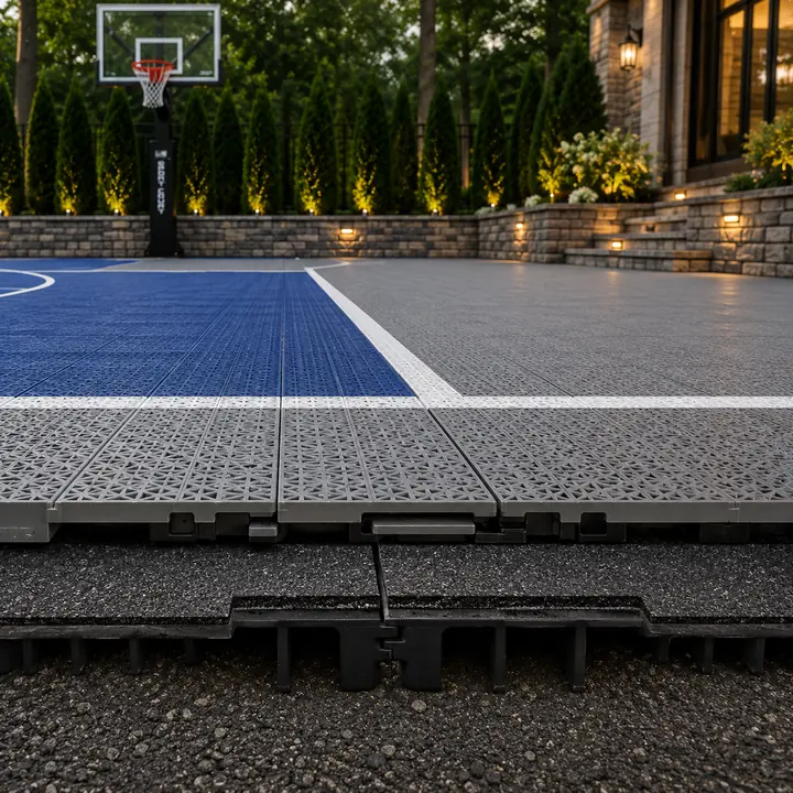 AM Developers LLC installed shock-absorbing court tiles with joint-friendly cushioning, open-grid drainage, high traction, and crisp linework