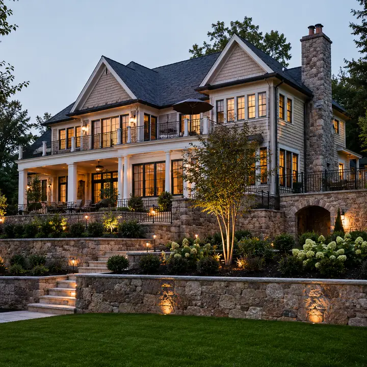 AM Developers LLC built a single-source design-build custom home with stone masonry, gabled roofing, balconies, terraces, and landscape lighting