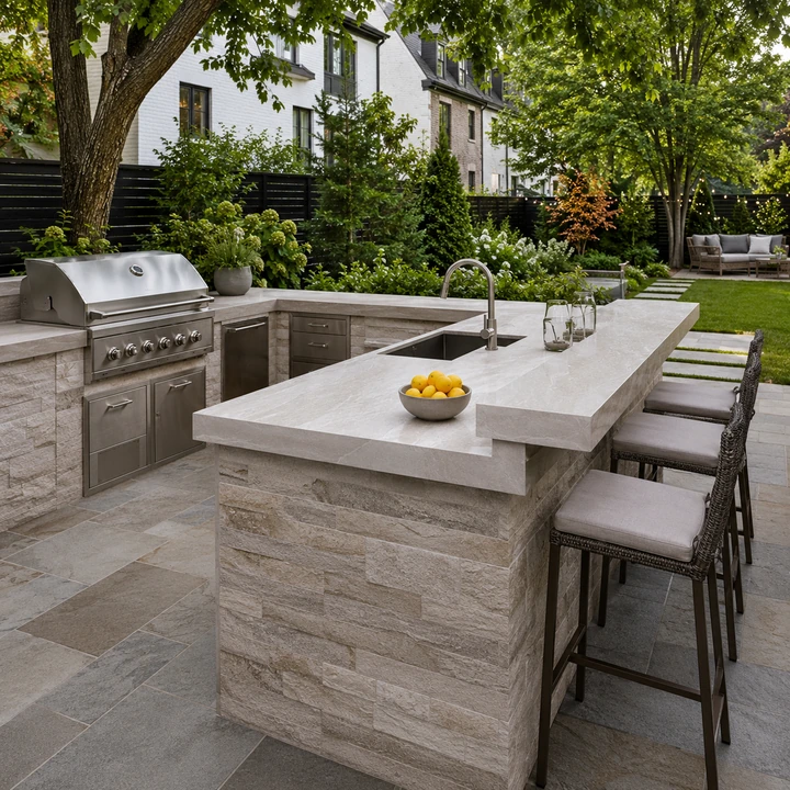AM Developers LLC installed sintered stone and porcelain slab countertops for a luxury outdoor kitchen with weather-resistant, heat-resistant patio bar surfaces.