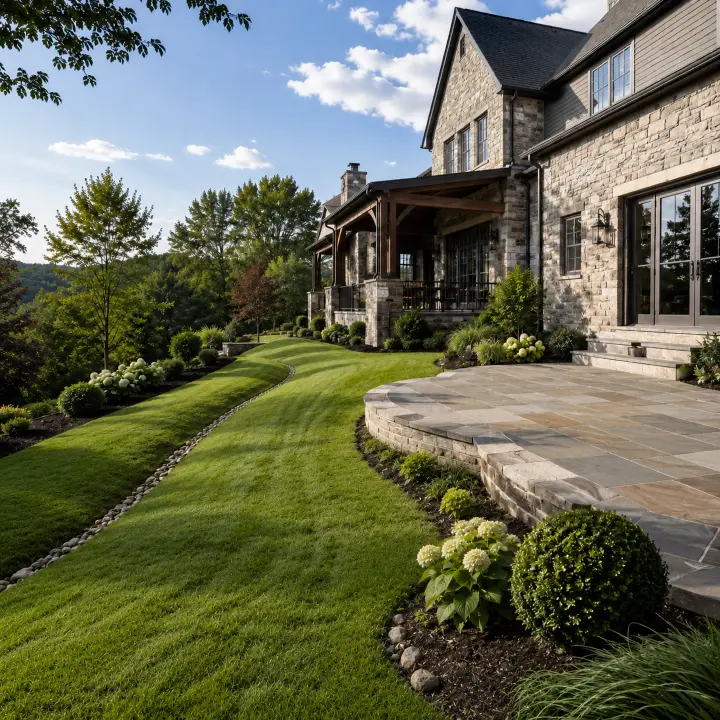 AM Developers LLC corrected slope and foundation grading in Paeonian Springs, VA, with drainage swales, lawn contours, stone patio, and foundation runoff control