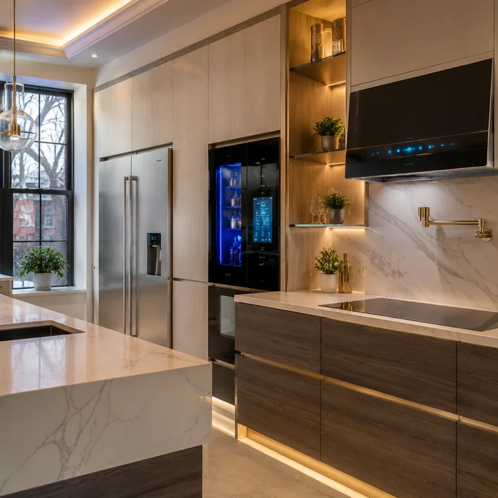 AM Developers LLC integrated smart appliances, touchless faucets, induction cooking, and luxury cabinetry in Washington, DC kitchen design