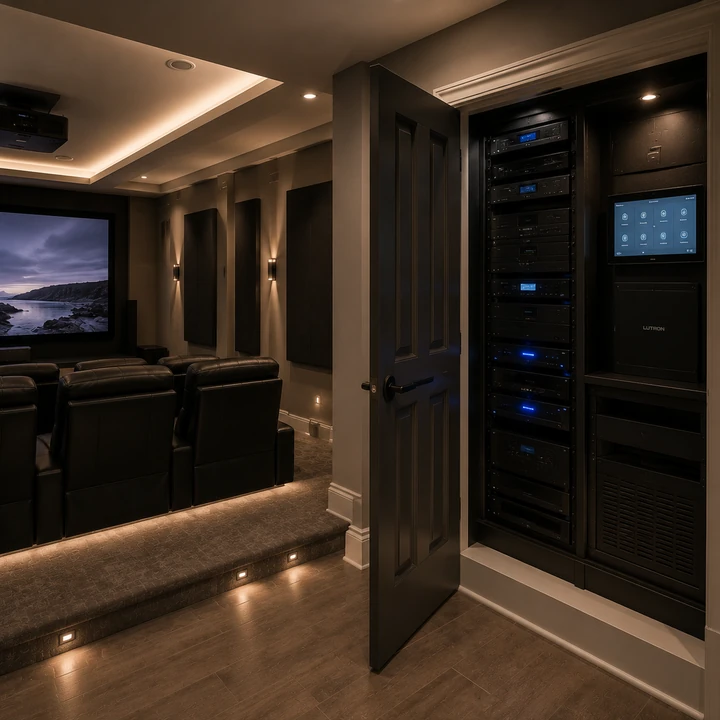 AM Developers LLC built a ventilated AV equipment closet with centralized AV racks, smart home controls, and low-voltage integration in Bowie, MD