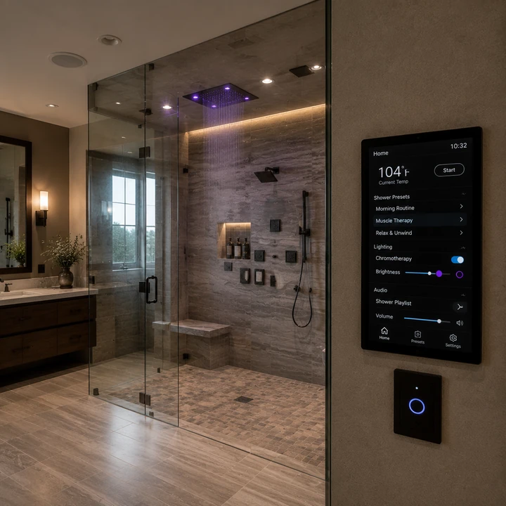 AM Developers LLC built a smart digital shower with touchscreen controls, rainfall head, chromotherapy lighting, and frameless glass