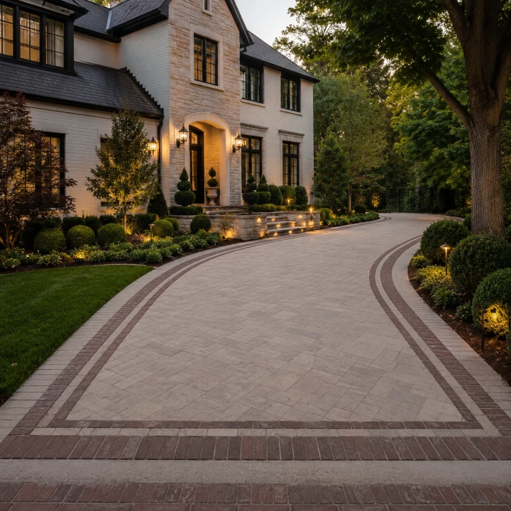 AM Developers LLC, Designed and developed by AM Developers LLC completed this luxury residential Soldier Course Framework Transitions project featuring a spacious interlocking paver driveway framed with precision-installed double soldier course borders that define the perimeter and reinforce the sweeping curved entrance leading to an elegant stone residence. The structured paver framework creates crisp linear transitions between the primary paving field and decorative edge courses while maintaining exceptional visual balance throughout the driveway. Architectural landscape lighting highlights masonry steps, manicured shrubs, ornamental trees, evergreen topiaries, foundation plantings, and carefully maintained landscape beds surrounding the home. The installation incorporates soldier course driveway transitions, double soldier course driveway borders, paver field restraint borders, driveway edge framework, paver border transition systems, structured paver edge design, brick border driveway detailing, interlock border course installation, driveway pattern containment, custom soldier course layouts, luxury paver border transitions, and premium residential hardscape craftsmanship. Every border alignment, paving joint, edge restraint, and transition detail demonstrates meticulous construction standards that provide long-term structural stability while creating an elegant estate entrance with timeless curb appeal and exceptional outdoor-living-space aesthetics.