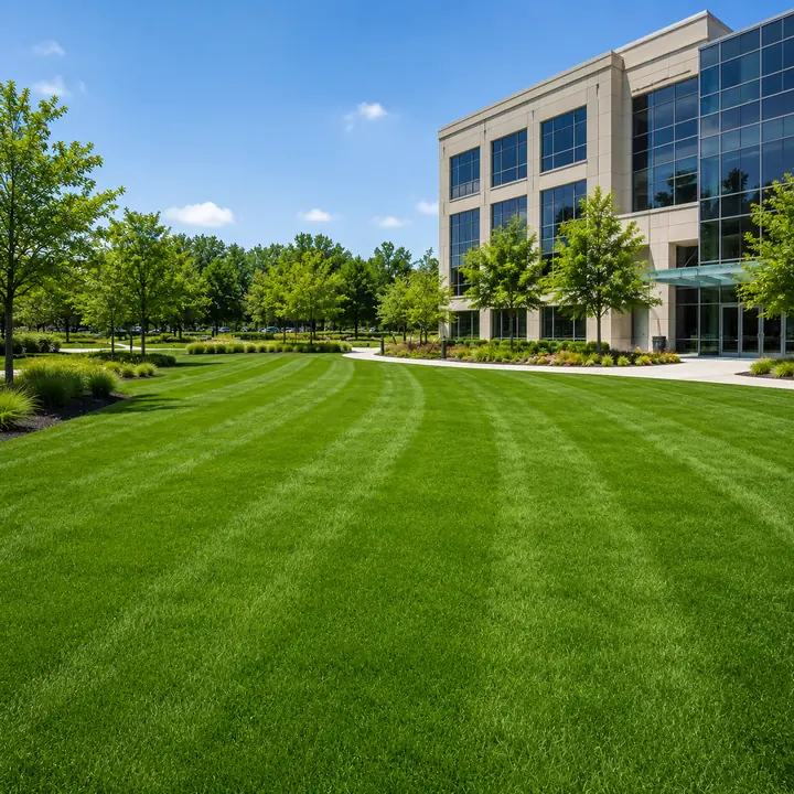 AM Developers LLC installed specialized commercial turfgrass with office park lawn installation, commercial green space landscaping, and shade trees