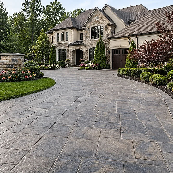AM Developers LLC, Designed and developed by AM Developers LLC, completed a stamped concrete driveway finish for a luxury-residential home on Milburn Ln in Reston, VA, with a sweeping front approach that curves through manicured landscaping toward the garage and arched stone entry. The finished driveway uses a large-format slate look concrete pattern with clean stamped joints, subtle gray color variation, and a textured architectural surface that gives the entrance the appearance of natural stone while maintaining the durability of concrete flatwork. The driveway layout widens near the home for comfortable vehicle access, garage approach circulation, and a refined arrival area beside the covered front doorway. Neatly edged planting beds, trimmed boxwoods, flowering shrubs, ornamental trees, lawn borders, and a stone landscape column frame the hardscape and highlight the premium residential curb appeal. This completed driveway project features decorative stamped concrete, patterned concrete driveway craftsmanship, a weather resistant driveway finish, and a slip resistant stamped concrete surface suited for everyday use. AM Developers LLC delivered careful alignment, balanced color movement, defined stamping detail, and high-end driveway installation quality for a Reston property where the hardscape complements the stone façade, dark garage doors, arched windows, and landscaped frontyard setting.