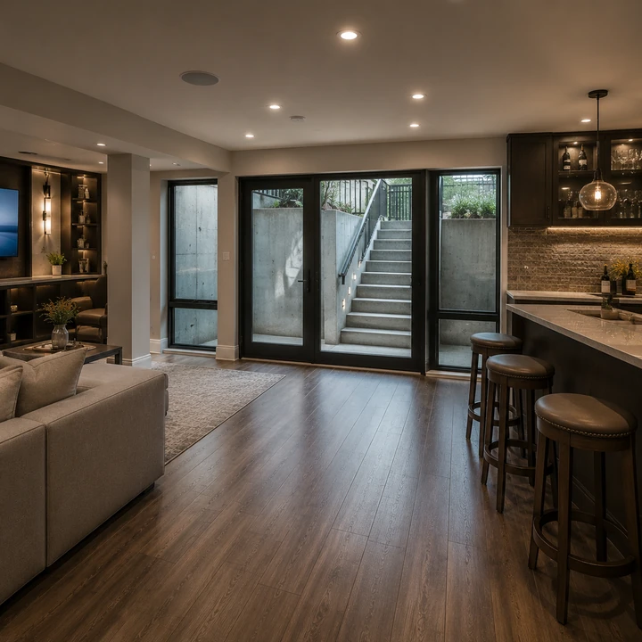 AM Developers LLC built a structural basement walk-out with glass egress doors, concrete stairwell, exterior steps, and finished lounge