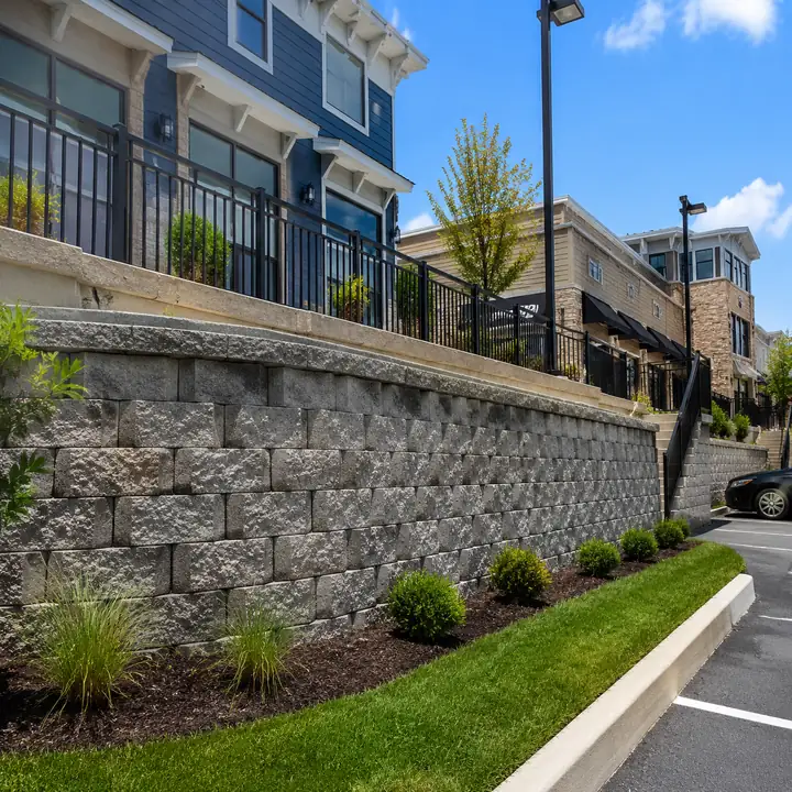 AM Developers LLC built a structural CMU retaining wall with reinforced masonry blocks, concrete cap, planted edges, and site boundary design in Alexandria VA