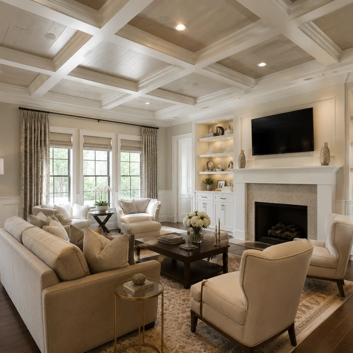 AM Developers LLC built a coffered ceiling with wood inset panels, recessed lighting, crown molding, and decorative beams in Washington, DC