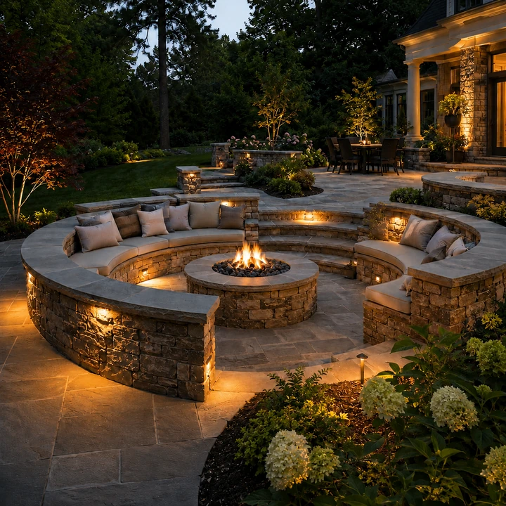AM Developers LLC built structural stone seating walls with a gas fire bowl and curved bench wall in Damascus, MD.