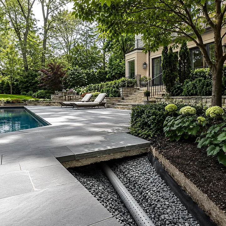AM Developers LLC installed a sub-surface French drain in Washington, DC, with perforated pipe, gravel trench, drainage fabric, and pool patio pavers